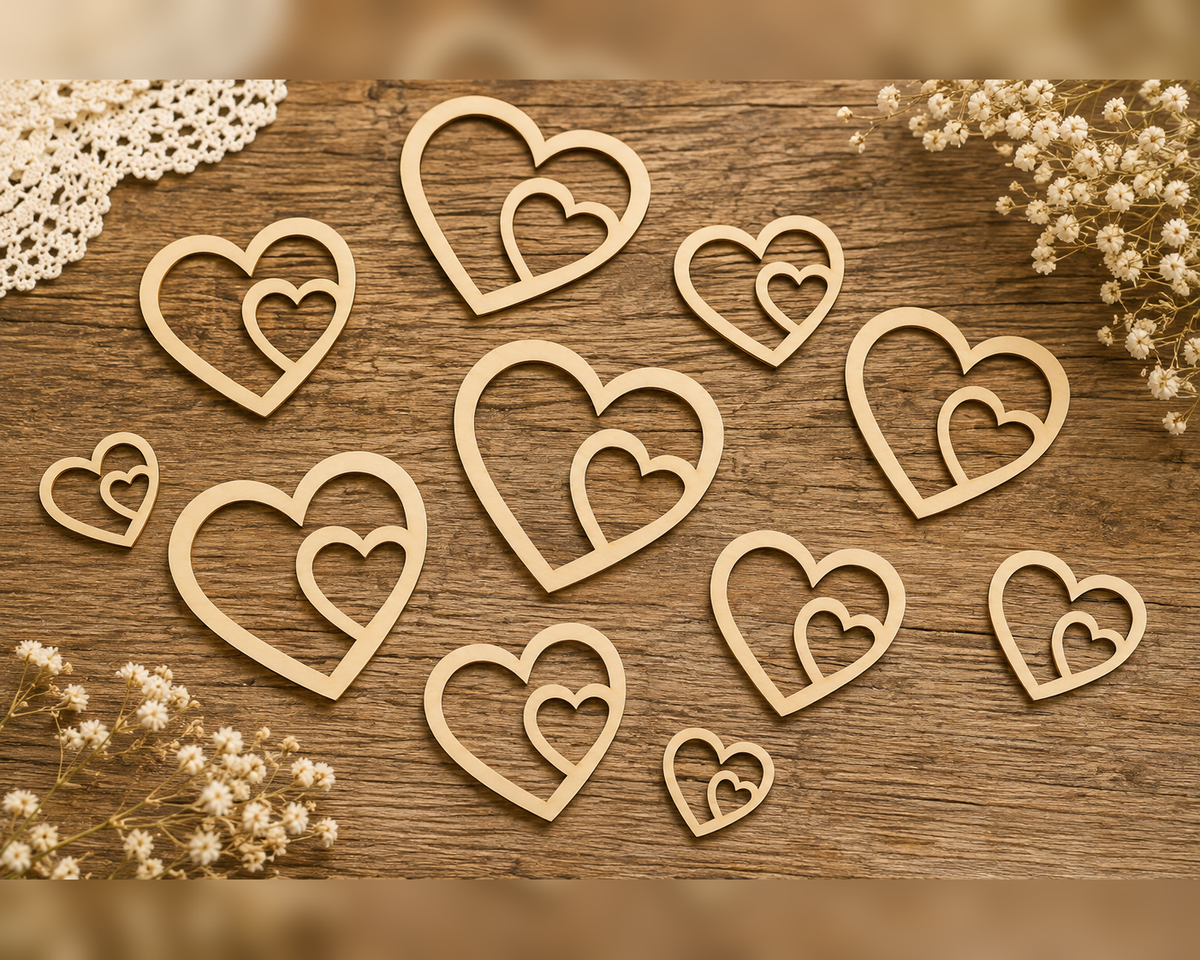 Heart Inside Heart Wooden Frame– Laser Cut Plywood Craft Embellishments | 20–50 mm | Packs of 10–100