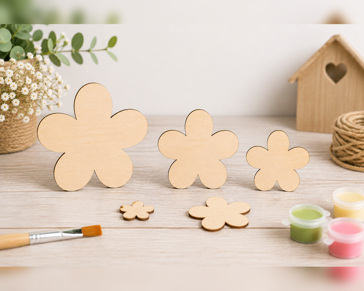 Five Petal Wooden Flower Craft Blanks– Laser Cut Plywood Craft Embellishments | 20–50 mm