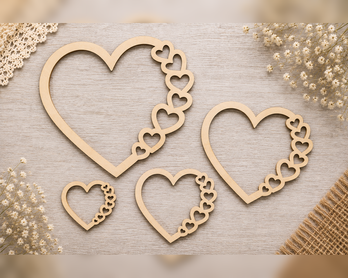 Heart with Mini Hearts Border – Laser Cut Plywood Craft Embellishments | 20–50 mm | Packs of 10–100