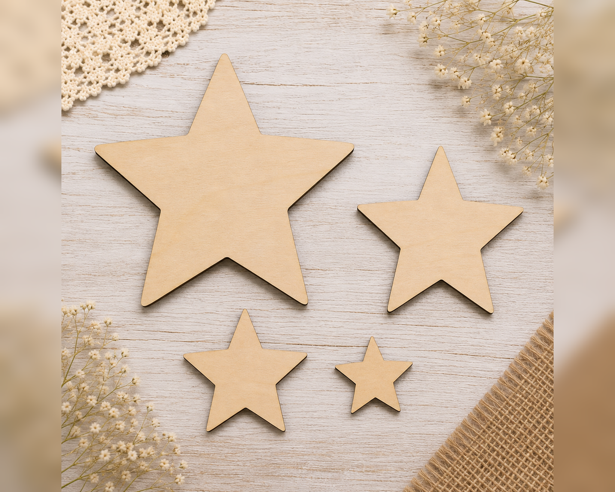 Classic Wooden Star Craft Blanks– Laser Cut Plywood Craft Embellishments | 20–50 mm | Packs of 10–100