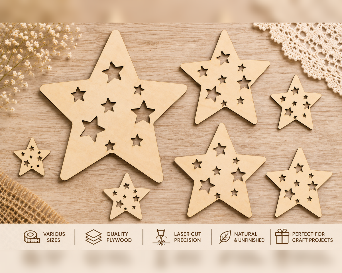Wooden Star with Multiple Star Cut-Outs– Laser Cut Plywood Craft Embellishments | 20–50 mm | Packs of 10–100